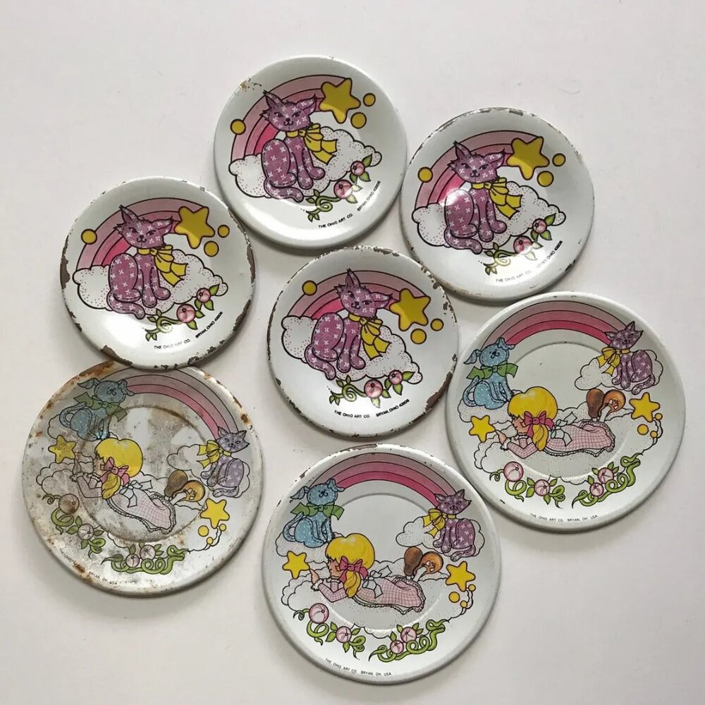 Vintage Tin Tea Set Plates Ohio Art Co Girl Rainbow Patchwork USA